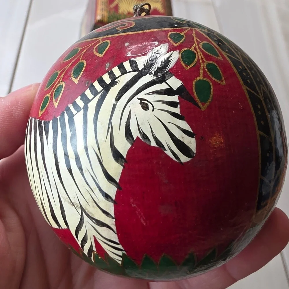 Hand Painted Zebra Wooden Trinket Box and Matching Egg‎ Ornament Set Folk Art S3